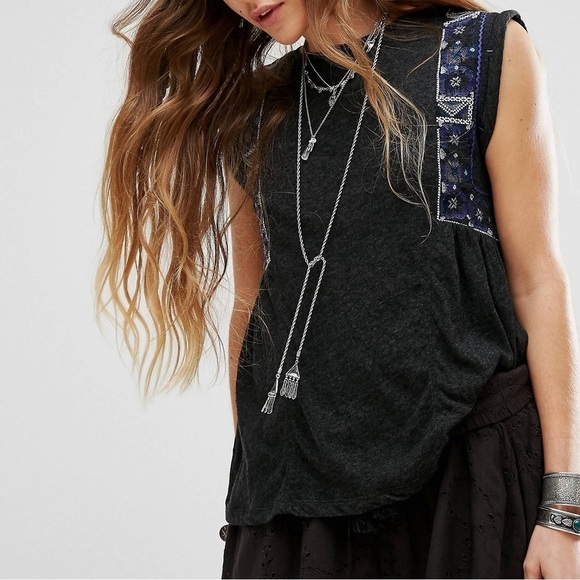 Free People Marcy Tank Charcoal Gray Blue Embroidered Details Boho Shirt Sz SM - Picture 1 of 14